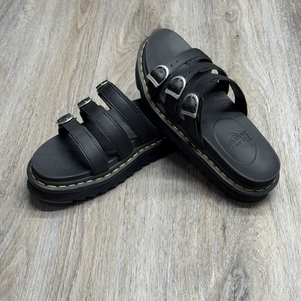 DR MARTENS Blaire Platform Slide Womens 9 Black Leather Buckle Sandals SoftWair